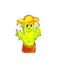 Hand drawn illustration funny cactus in sombrero. Watercolor illustration.