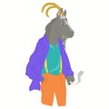 Hand drawn illustration of goat man with horns dressed up in cool clothes. Vector poster. Magazine fashion look
