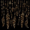 Hand drawn illustration of gold glitter dream catcher with feathers and beads on black background Royalty Free Stock Photo