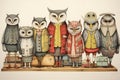 Hand drawn illustration of a group of owls on the shelf