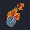 Hand drawn illustration of a guitar with fire Royalty Free Stock Photo