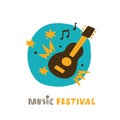 Hand drawn illustration of guitar and sounds. Music festival idea. Vector.