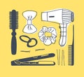 Hand drawn illustration hair tools . Creative ink art work. Actual vector drawing comb. hair dryer, barrette