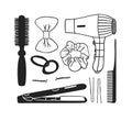 Hand drawn illustration hair tools . Creative ink art work. Actual vector drawing comb. hair dryer, barrette