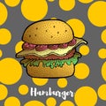 Hand Drawn Illustration of Hamburger, Cheeseburger, Burger. Dotted effect