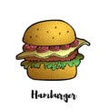 Hand Drawn Illustration of Hamburger, Cheeseburger, Burger. Dotted effect