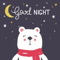 Background with happy bear, moon, stars and text. Good night
