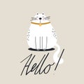 Hand drawn illustration with happy cat, english text. Hello. Decorative cute background, funny animal Royalty Free Stock Photo