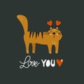 Colorful background with happy cats, hearts and english text. I love you. Decorative cute illustration, funny animals Royalty Free Stock Photo