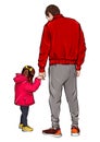 Hand-drawn illustration of happy fathers day backside view. The couple holding hands. Drawing father and daughter together holding