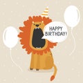 Colorful background, happy lion, air balloons, english text. Happy birthday! greeting card. Decorative cute backdrop with animal Royalty Free Stock Photo