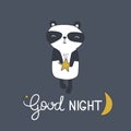 Colorful cute background with happy panda, moon, stars and english text. Good night, decorative backdrop Royalty Free Stock Photo