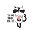 Black, white and pink background with cute raccoon, heart and english text. You are special for me Royalty Free Stock Photo