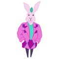 Hand drawn illustration of hare man dressed up in cool clothes. Hipster animal. Magazine fashion look. Vector poster