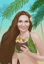 Hand drawn illustration hawaiian girl with coconut cocktail