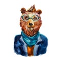 Hand drawn Illustration of hipster bear in scarf and glasses