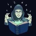 Hand drawn illustration of Hooded writer man wearing glasses in green light of magic spell book. Royalty Free Stock Photo