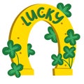 Hand drawn illustration of horseshoe with four leaf clover shamrock. St Patrick's Day Irish Ireland sign, lucky luck