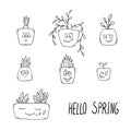 Hand-drawn illustration of houseplant, happy spring plants with faces.