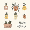 Hand-drawn illustration of houseplant, happy spring plants with faces.