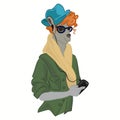 Hand drawn illustration of kangaroo dressed up in in cool clothes with headphones. Magazine fashion look. Vector