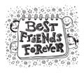 Hand drawn illustration of kids behind the banner with best friends forever text.