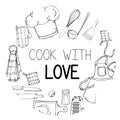 Hand drawn illustration with Kitchen Utensils. Actual vector drawing of coocking tools and quote. Creative doodle style ink art Royalty Free Stock Photo