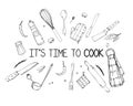 Hand drawn illustration with Kitchen Utensils. Actual vector drawing of coocking tools and quote. Creative doodle style ink art