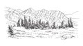 Hand drawn illustration of landscape mountain range and trees. Royalty Free Stock Photo