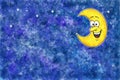 illustration of laughing cartoon moon in watercolor night sky