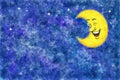 illustration of laughing cartoon moon in watercolor night sky