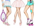 Hand drawn illustration - legs of girls practicing sport