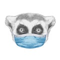 Portrait of Lemur, with a face mask. Hand-drawn illustration.