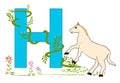 Letter H with green grass vines and cute horse