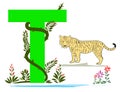 Letter T with green grass vines and Tiger