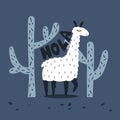 Colorful illustration with llama, cactuses and text. Hola, poster design. Decorative cute background with animal