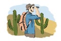 Hand drawn illustration of man with binoculars rucksack backpack. Desert landscape cactus watching exploring landscape