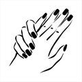 Vector hand drawn illustration of manicure and nail polish on woman hands