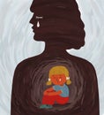 Hand-drawn illustration, a metaphor for the psychological problems of the inner child. Silhouette of a woman with a little girl Royalty Free Stock Photo