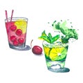 Hand drawn illustration of mojito and cherry cocktails for summer hot party, menu, invitation, greeting card. Royalty Free Stock Photo