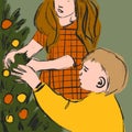 Hand drawn illustration of mother and boy child decorating Christmas tree. Family together on holiday, loved ones