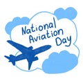 Hand drawn illustration of national aviation dau, usa august. Blue turquoise airplane jet aircraft with clouds sky