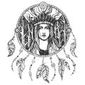 Hand drawn illustration of native american indian girl and dream catcher Royalty Free Stock Photo
