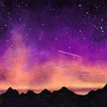 Hand drawn illustration of night sky mountains shooting star. Night scene landscape, oil painting texture, sunset Royalty Free Stock Photo