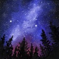 Hand drawn illustration of night stars in forest wood mountains hills, dawn woodland. Dark scene landscape, oil painting Royalty Free Stock Photo