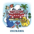 Hand-drawn illustration of Okinawa, Shuri Castle, Guardian lions, whale shark, coral, hibiscus