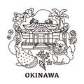 Hand-drawn illustration of Okinawa, Shuri Castle, Guardian lions, whale shark, coral, hibiscus