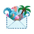 Hand drawn illustration of open letter envelope mailing list, sending business information invitation card. Summer sea Royalty Free Stock Photo