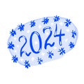 Hand drawn illustration with 2024 oval blue sticker, winter celebration new year print. Text hand drawn digits