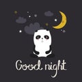 Hand drawn illustration, happy panda, moon, stars, english text. Good night. Cute background, funny bear, sky Royalty Free Stock Photo